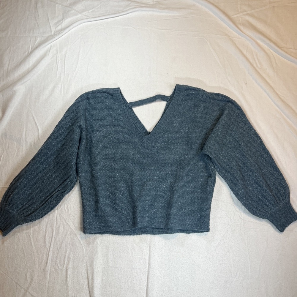 Pink Rose Brand Sweater V Neck And Back‎ Ribbed Teal Soft Cropped Balloon Sleeve